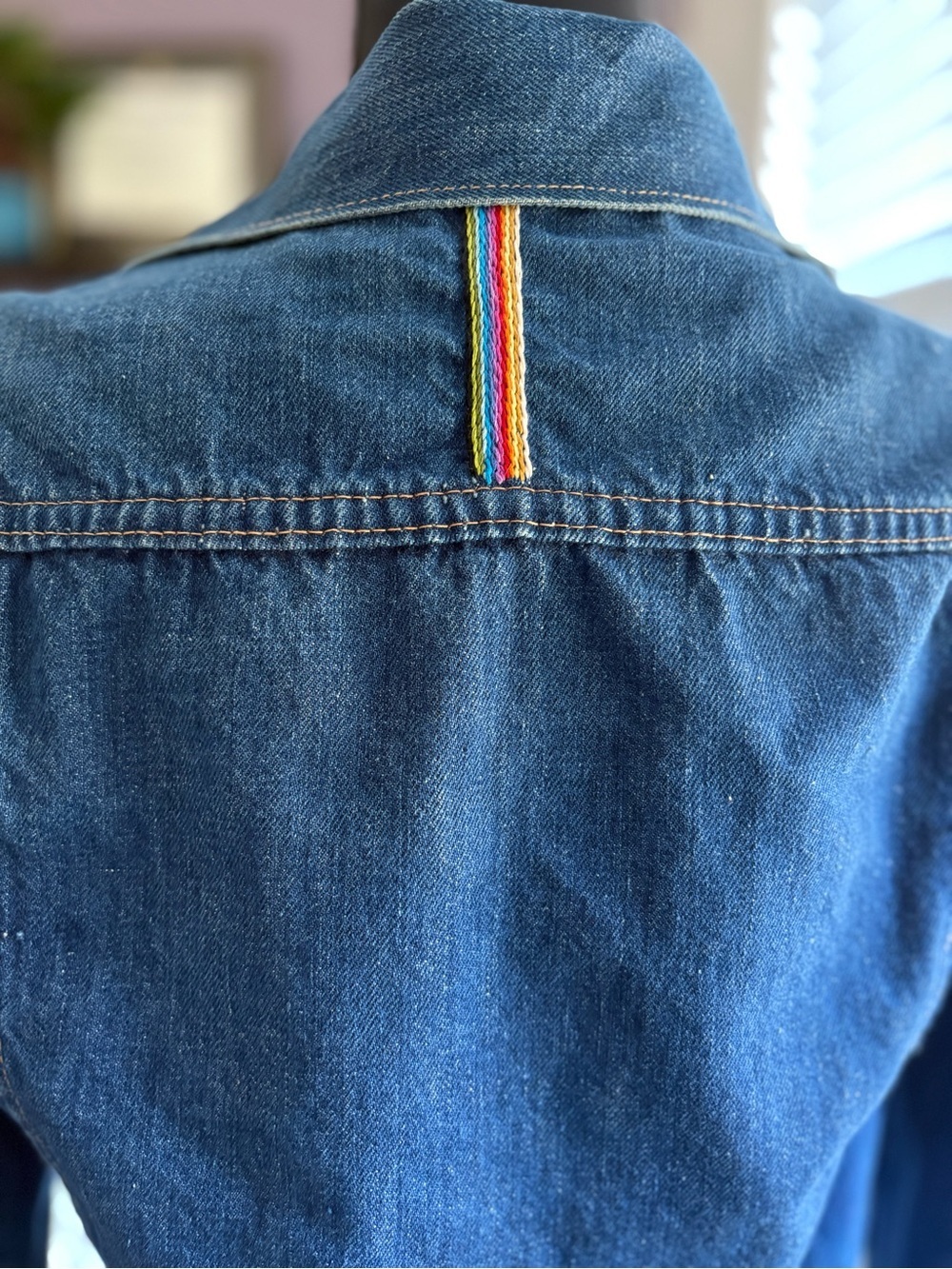 Embroidered Upcycled Dark Blue Denim Jacket w Snap Closure - Unique Handmade - Picture 6 of 14